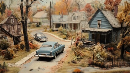 Fototapeta premium Miniature houses and vintage cars on a quiet street in the fall. Nostalgic scene is perfect for storytelling or historical recreations.