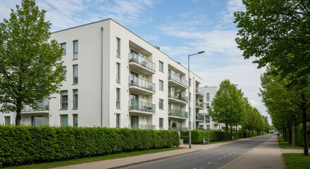Modern Apartment Living: White Building with Balconies, Lush Greenery & Serene Street View - Urban Oasis Architecture & Landscape Design