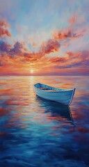 Fototapeta premium Serene Sunset with Lone Boat, and Ocean.
