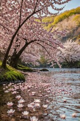 Fototapeta premium Cherry Blossom Trees by a Serene River