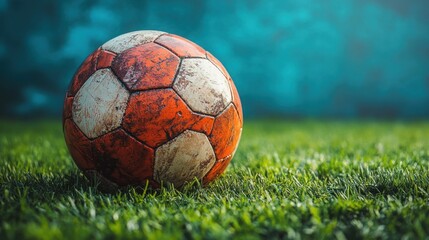 Fototapeta premium Worn Soccer Ball on Green Grass Vintage Football Outdoor Sports