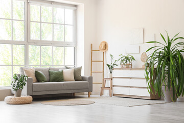 Interior of light living room with grey sofa, commode and plants
