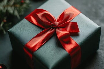 Green Gift Box with Red Ribbon Bow - Festive Holiday Present on Dark Background