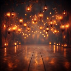 Enchanting dark scene with hanging lanterns & misty floor