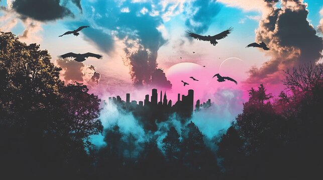 Mythology themed dreamscape of sky filled with floating mythic creatures and gods flying above a futuristic fantasy city