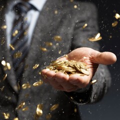 Hand holding gold coins with falling coins