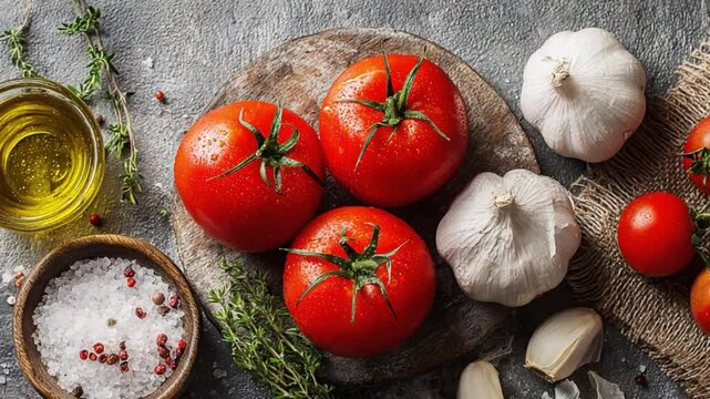 Fresh Ingredients' Feast: A visually appealing array of ripe tomatoes, fragrant garlic bulbs, herbs, coarse sea salt, and olive oil, artfully arranged on a rustic wooden board.