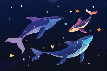 Ethereal Silhouette of Cosmic Whales Traversing the Celestial Void