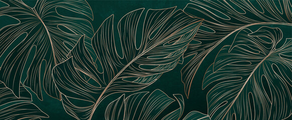 Dark luxury art background with monstera leaves in gold line art style. Botanical banner with tropical leaves for decor, print, poster, textile, wallpaper, interior design, packaging.