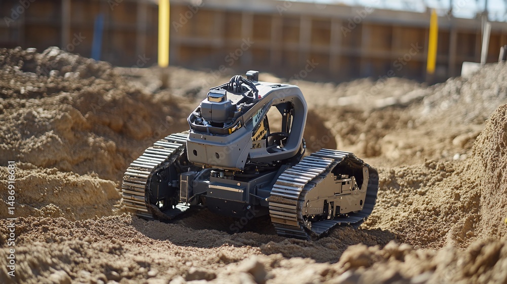 Poster autonomous construction vehicle navigating a sandy terrain with precision