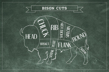 Bison meat cuts on green chalkboard background © Cristian Valderas
