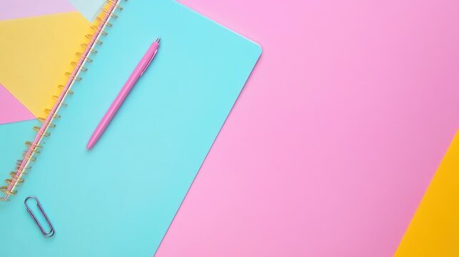 Pastel notebook pink pen paperclip flatlay minimal office stationery mockup