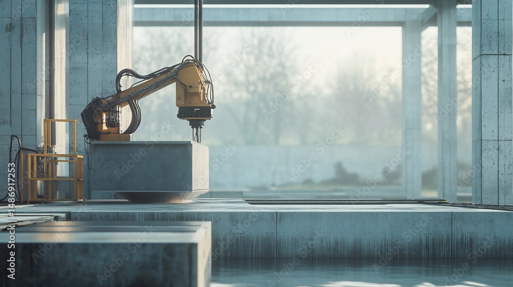 Poster automated robotic arm drilling concrete block in modern industrial setting