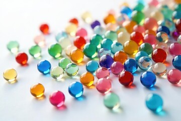 Colorful glass marbles scattered on a white background, creating a sphere shape , vibrant, scattered, colorful spheres