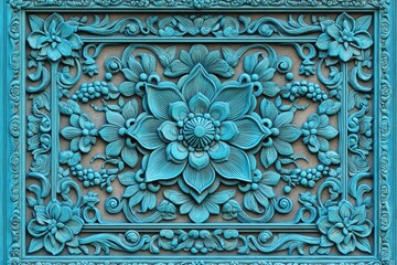 Obraz premium Intricate teal floral panel with carved borders.