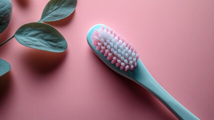 Pastel Pink and Teal Toothbrush with Eucalyptus Leaves on Pink Background Dental Hygiene Product