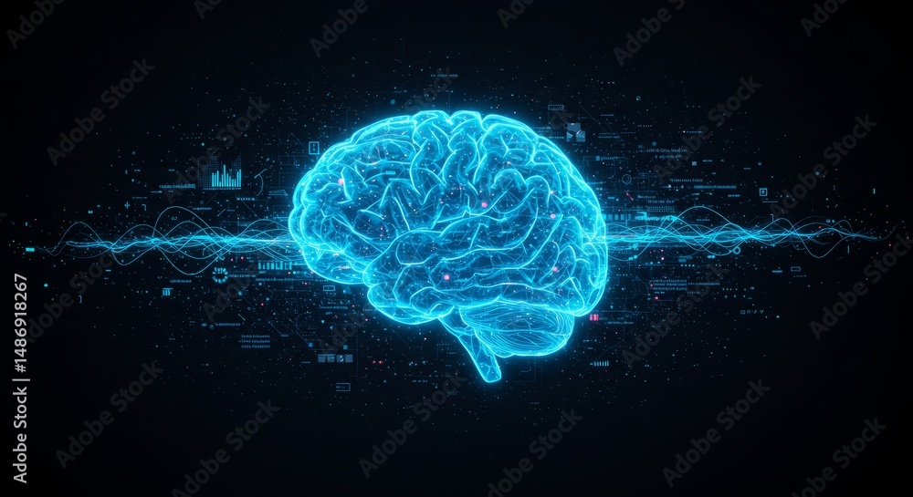 Poster glowing digital brain in data stream abstract
