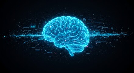 Glowing Digital Brain in Data Stream Abstract