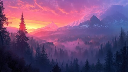 Sunrise over misty mountain valley.