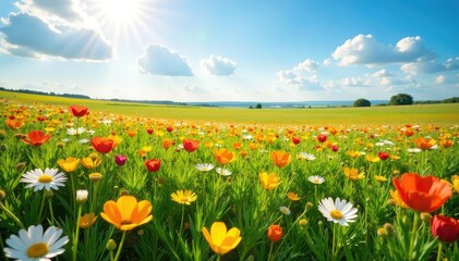 Obraz premium Wildflowers bloom across vast, sun-drenched field, flower, prairie
