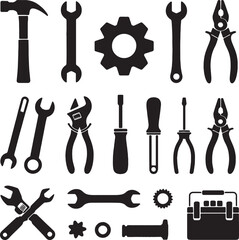 Fototapeta premium Black and white tool icons set mechanic repair kit