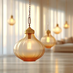 Obraz premium Elegant, warm-toned hanging light fixture with a textured glass shade. Soft, ambient lighting