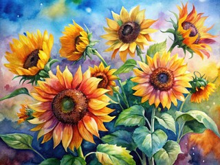 Obraz premium Panoramic Watercolor Sunflower Painting, Whimsical Botanical Art, Vibrant Sunflowers, Summer Flowers