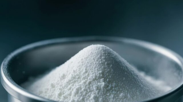 Pharma production line handling fine white powder in stainless steel container ensuring quality and precision in pharmaceutical manufacturing process