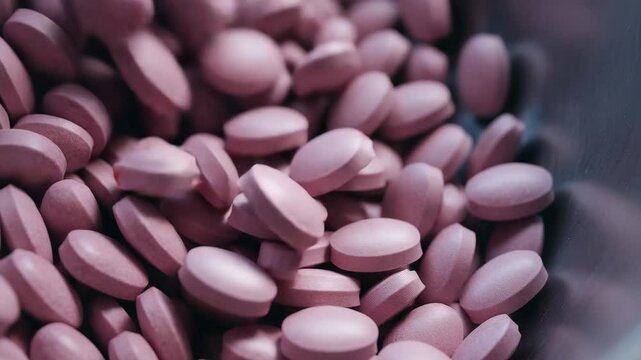 Pharma production line with round tablet pills in container for pharmaceutical medicine manufacturing and quality control process