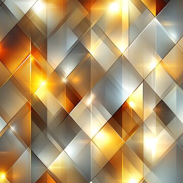 Fototapeta Abstract geometric pattern with shimmering light effects.  A repeating grid of rhombus and triangle shapes, in shades of gold, silver, and gray, with glowing light highlights