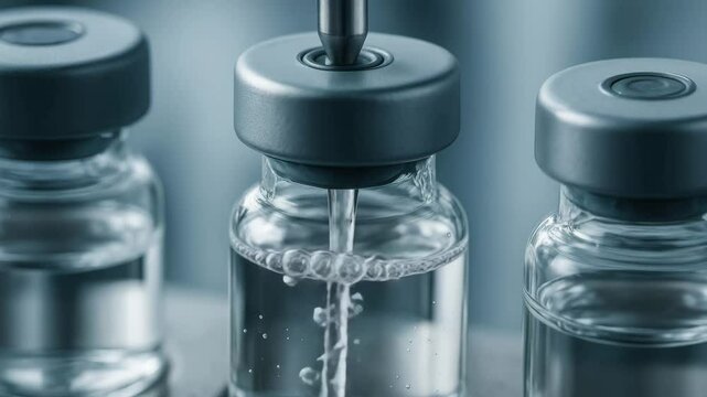 Pharma production filling glass vial with clear liquid in sterile pharmaceutical environment ensuring safety and quality pharma production