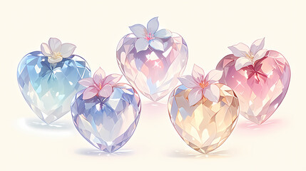 Five pastel-colored heart-shaped crystals, each adorned with a delicate flower on top, arranged on a white background.  A dreamy, romantic image.