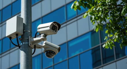 Security Cameras Watching Over Modern Building: Surveillance System, Safety & Protection