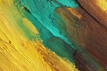 Burnt brown, lemon yellow, and teal brushstrokes on grainy surface form a dynamic, colorful texture.