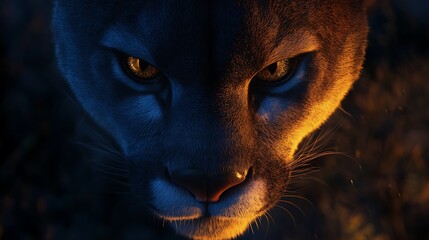 Closeup cougar face dark lighting