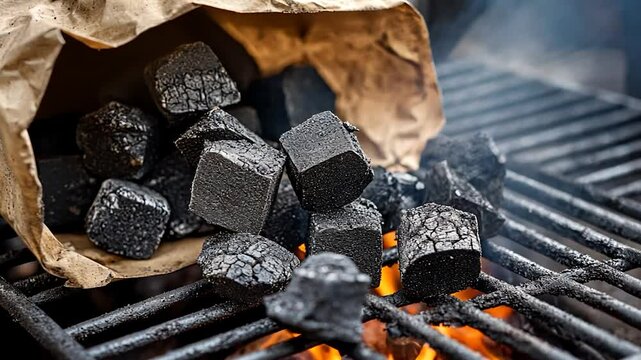 Charcoal briquettes pouring from paper bag onto grill grates