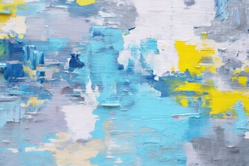 Light grey, yellow, and blue strokes combine on canvas, forming a gentle, abstract pattern.