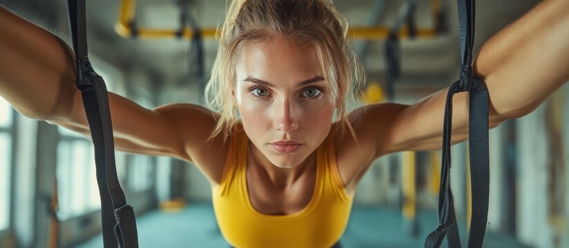 Woman working out with suspension straps. Gym workout