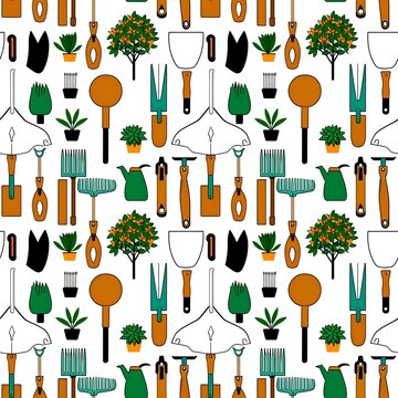 illustrated gardening tools and plants