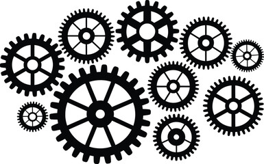 Black silhouette vector illustration of various sizes of cogwheels for design and industry concepts