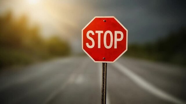 Stop sign on a blurred road: safety and regulations for drivers, traffic control.