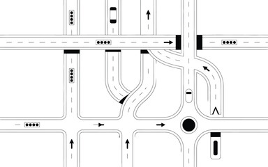 Complex urban road network schematic illustration of roads, intersections, and traffic features in simple black and white design