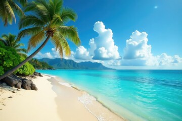 Hawaiian beach scene, turquoise water, white sand, palm trees , sea, holiday