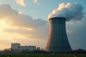 Massive coal-fired power plant cooling tower emitting steam against a cloudy sky , industrial scene, steam, coal power plant