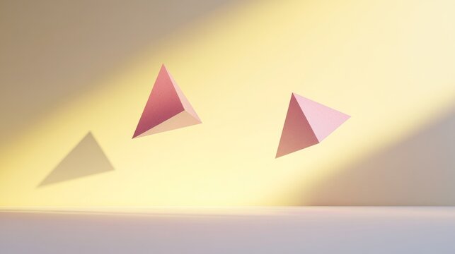 Pink triangular prisms floating minimalist abstract background