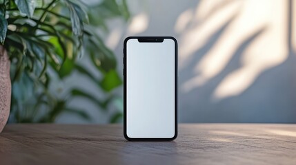 Black Smartphone with Blank Screen on Wooden Table Near Green Plant