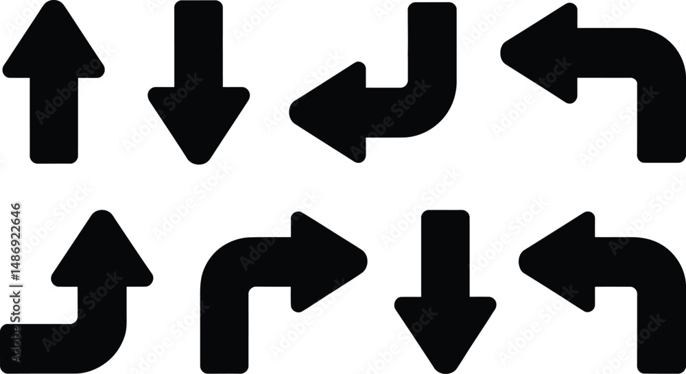 Poster collection of vector arrows illustrating up down left right and curved directions for navigation