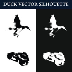 Collection of flying duck silhouette, black and white vector design