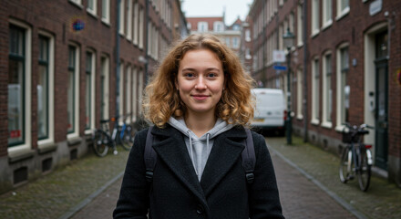 Fototapeta premium Portrait of a Smiling Woman on Brick Street | Urban Scene, Travel Photography, Curly Hair, Europe