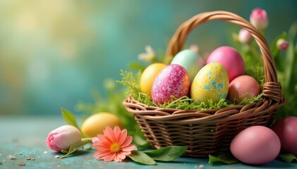 Vibrant dyed eggs in a basket, spring flowers , macro, daffodils
